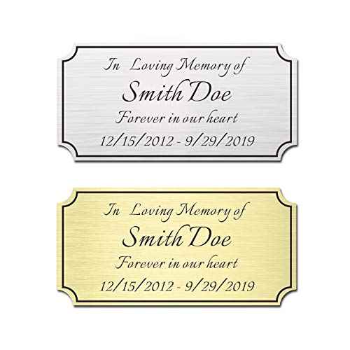 2" H x 4" W, Custom Elegant Engraved Plate, Personalized Memorial Plaque, Brushed Stainless Steel or Brass Laser Engraved Name Plates with Adhesive Backing or Screws, Notched Corner (Silver, Gold)