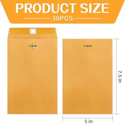 30 Pcs 5 x 7.5Inch Manilla Envelopes,Kraft Envelopes with Clasp Closure and Gummed Seal for Office Document School Business Home