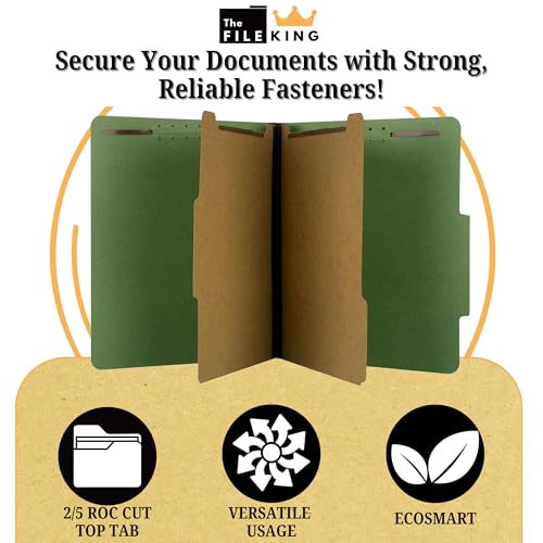The File King Two Divider Pressboard Classification Dark Green File Folder - Letter Size | Box of 10 | 2/5 ROC Top Tab | 2¡± Expansion | Six 2-Inch Fastener Prongs | Made in America