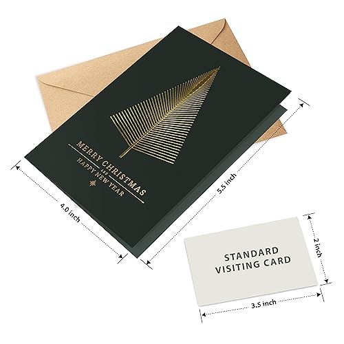 easykart labels 60 Gold Foil Christmas Greeting Cards with Envelopes | Dark Green Col & Embossing on Christmas Tree | 5.75 x 4.25 Inch Merry Christmas Cards with Seal Stickers For Friends , Family and loved Ones
