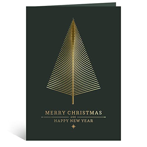 easykart labels 60 Gold Foil Christmas Greeting Cards with Envelopes | Dark Green Col & Embossing on Christmas Tree | 5.75 x 4.25 Inch Merry Christmas Cards with Seal Stickers For Friends , Family and loved Ones