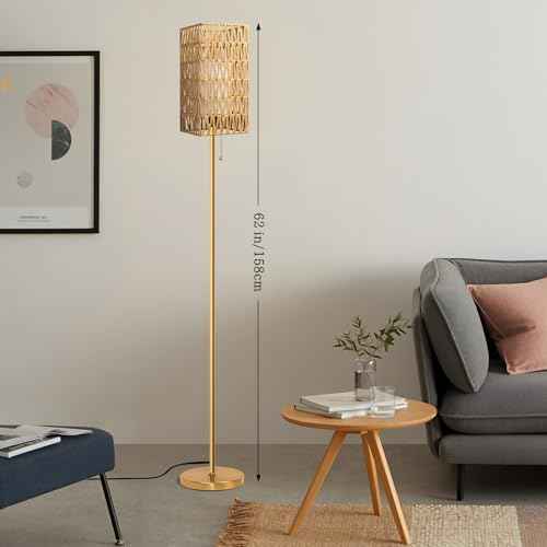 Floor Lamp for Living Room,Farmhouse Rattan Floor lamp,Modern Standing lamp with Hand-Worked Rattan Shade,Gold Tall Lamp with Chain Switch (Square Shade)