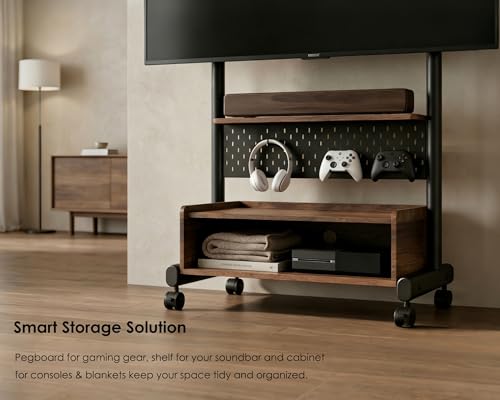 FITUEYES Walnut Rolling TV Floor Stand for 40-85in TVs, Height Adjustable