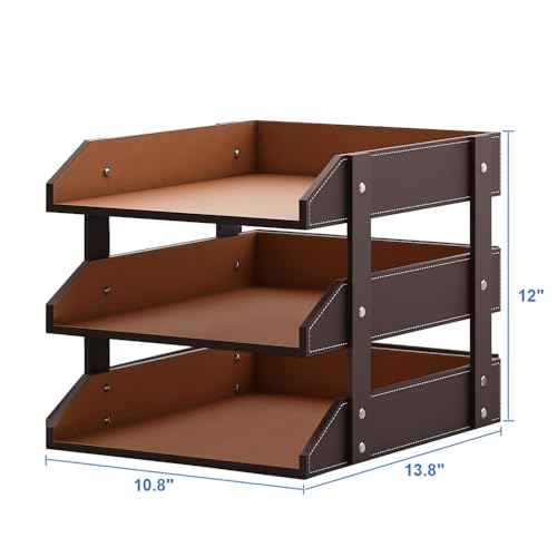 Leather Desk Organizer, Thipoten 3-Tier Stackable Letter Tray Holder for Office Supplies, Paper, File, Magazine, Perfect Office Organization for Desktop (Brown-3Tiers)