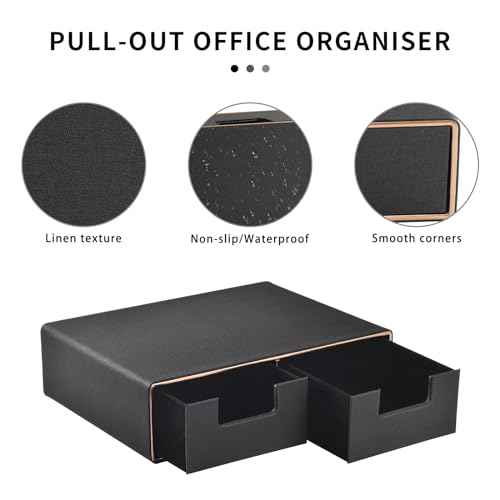 Linen Leather Desk Organizer and monitor stand with Drawers£­Mini Desktop Drawer Organizer Stackable£­Tabletop Organization Storage Box for Office Supplies Home Vanity Toiletries (Black, 2-drawers)