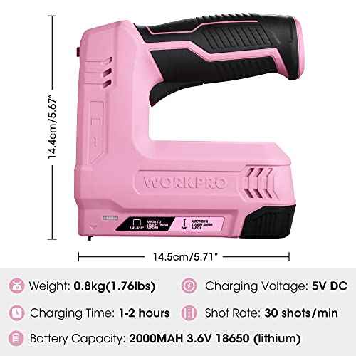 WORKPRO Electric Staple Gun, 2-in-1 Brad Nailer Electric with 2000PCS Staples Nails & USB Charger, 3.6V Staple Gun for Upholstering, Crafts, Carpentry, DIY, Pink Ribbon