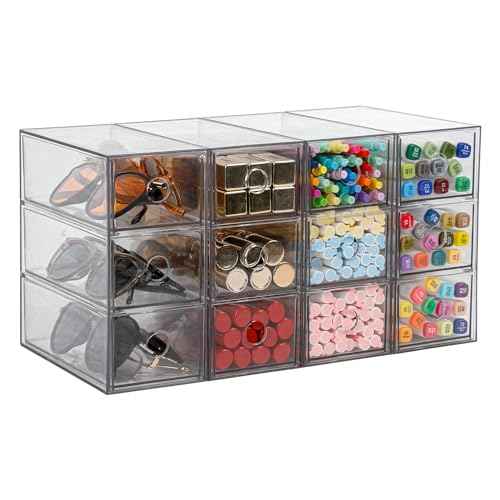 Plastic Storage Drawers, Home Office Supplies Organizer for Bathroom, Kitchen, Pantry, Coffee Bar, Clear Desk Accessories Box for Marker, Art Crafts, Makeup (12 Drawers)