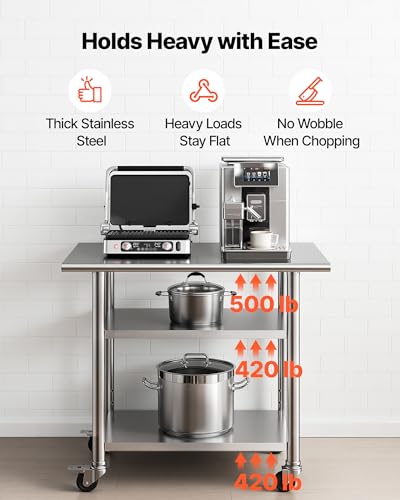 VEVOR 24x36 Stainless Steel Work Table with 2 Shelves & Wheels – Heavy Duty Kitchen Prep Station