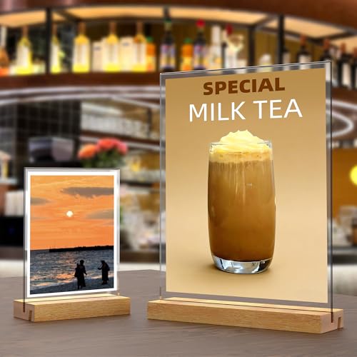 JDEA 2 Pack Acrylic Sign Holders with Wood Base 8.5x11 Inch Vertical & Slant Display