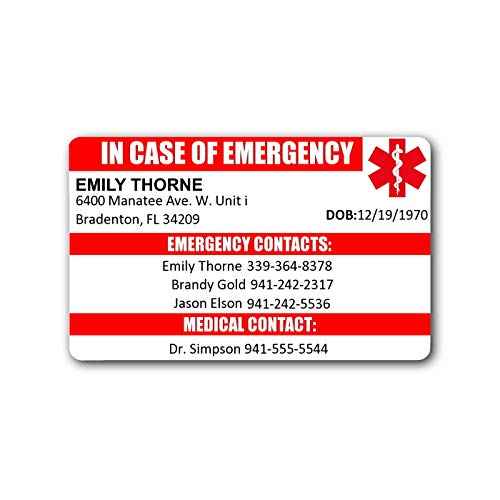 Customized Emergency Contact Wallet Card ? Durable PVC ID with Printed Emergency Info, Free Digital Copy, and 5 Fillable Medical Info Cards ? ICE In Case of Emergency Card ? Made in USA