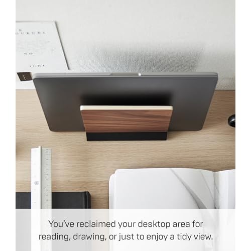 Yamazaki Home Rin Portable Laptop Holder Stand for Desk in Bedroom Or Office, Wooden Storage Station - Steel + Wood
