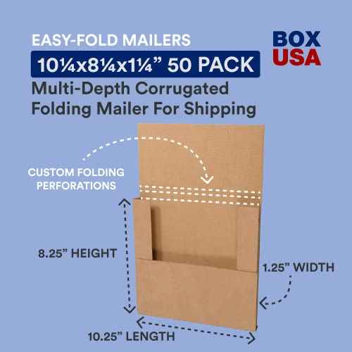 BOX USA Flat Mailer Shipping Boxes 10.25"L x 8.25"W x 1.25"H Medium 50-Pack | Corrugated Cardboard Box for Small or Large Business Packaging, Mailing, and Storage