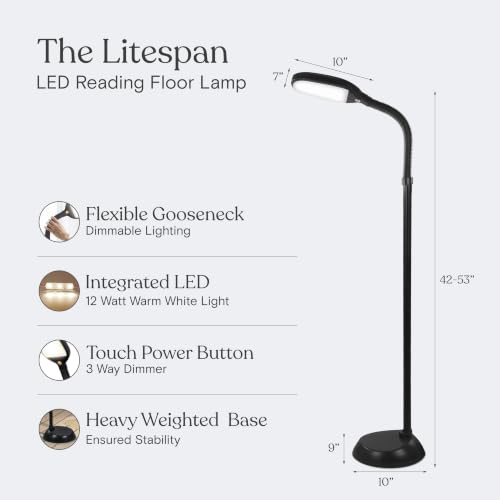 Brightech Litespan LED Floor Reading Lamp - Black, Adjustable Gooseneck