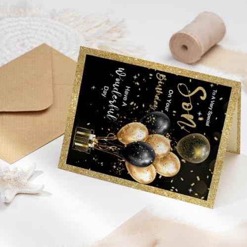 Son Birthday Card for Special Boy - Heartfelt Birthday Greeting from Mom and Dad - Have A Wonderful Day Message with Premium Envelope - 7.1x5.3 Inch Elegant Design