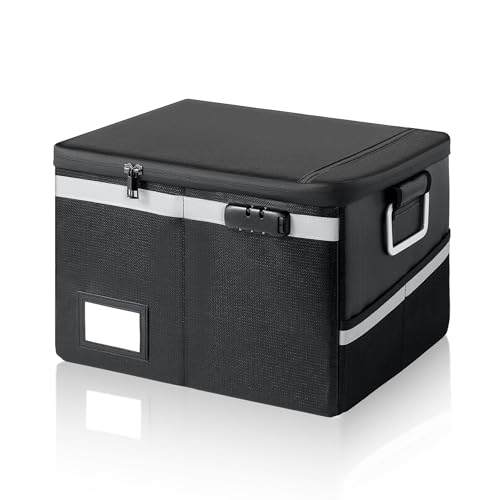 Fireproof Document Box,Portable File Organizer with Lock,Water-Resistant Document Organizer Collapsible File Cabinets for Home Office Safe Storage Box for Hanging Letter/Legal Folders-Black