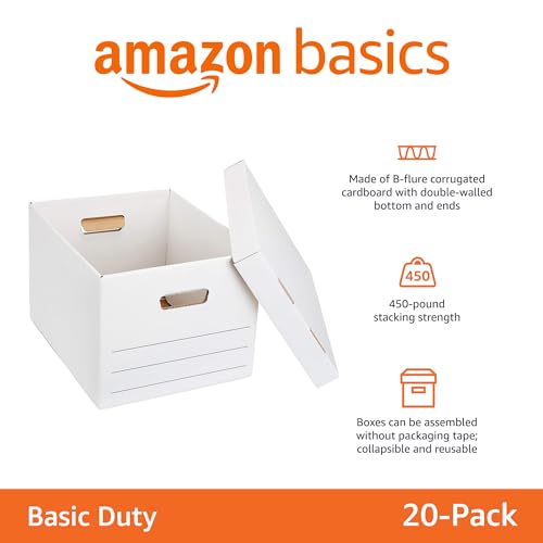Amazon Basics Collapsible Storage & Filing Boxes - 20 Pack, Letter/Legal Size, Lift-Off Lids