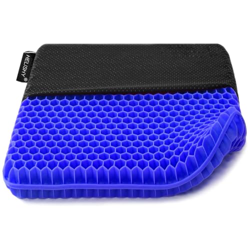 Helishy Gel Seat Cushion 16x14x1.65 in - Blue, Double Thick Honeycomb Relief