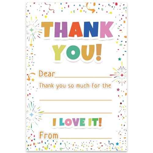 72Pcs Kids Thank You Cards, Fill in The Blank Thank You Notes with Envelopes from Teacher for Birthday (4x6 In)
