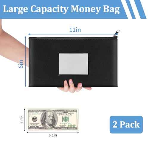 2 Pack Money Bags with Zipper, Bank Pouch with Label, 11 x 6.1 Inch PU Leather Cash Deposit Holder for Coins, Invoice, Bills, Cosmetics, Tools (Black)