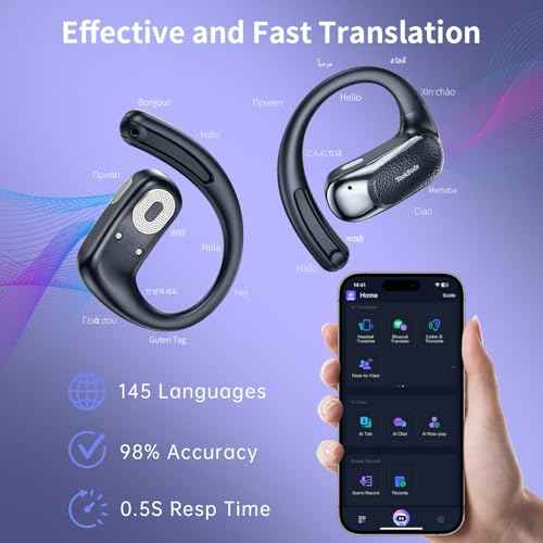 AI Translation Earbuds Real Time, 145 Language Translator Earbuds, Open-Ear Bluetooth 5.4, No Subscription, 60H, USB-C Fast Charge, Translation Headphones for Business Travel Learning (Midnight Blue)