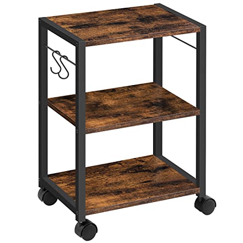 Printer Stand, 3-Tier Under Desk Rolling Cart with Storage Shelf, Heavy Duty Printer Table with Wheels for Home and Office, Printer Shelf with 2 Hooks, Small Spaces, Rustic Brown PTHR4001Z