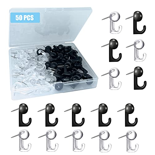Hovesty 50 Pcs Push Pin Hooks with Plastic Heads, Black & Clear Twin Pack for Photo Walls & Cork Boards