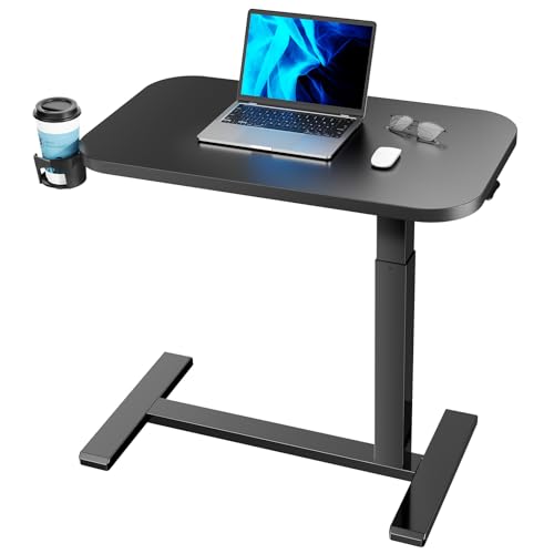 Large 32 Inch HUANUO Black Height-Adjustable Overbed Bedside Table with Wheels and Cup Holder