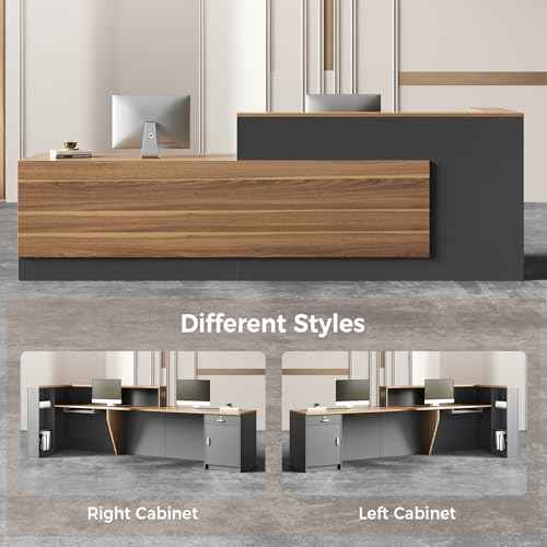 Modern L-Shaped Reception Desk with Hutch, Reception Counter Table, Lockable Drawer Door Cabinet, Office Wooden Computer Front Desk (European Oak+lron Gray-Right Cabinet, 71"L*24"W*41"H)