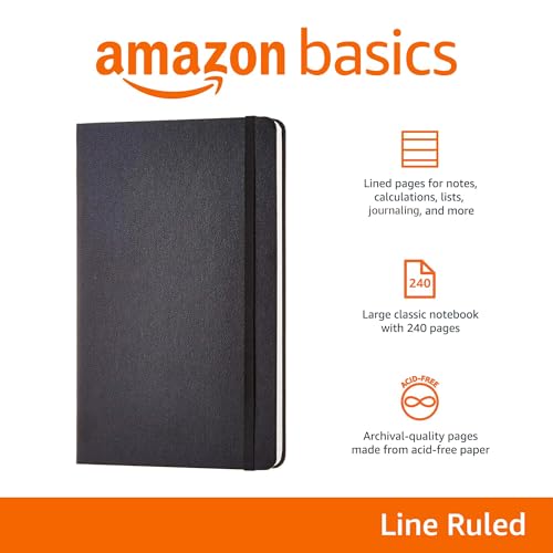Amazon Basics Hardcover Lined Notebook - 240 Pages, 5x8.25 inches, Black