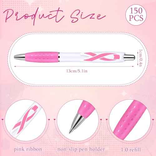Ctosree 150 Pcs Breast Cancer Awareness Pens Bulk Retractable Pink Ribbon Black Ink Ballpoint Pens Gift Breast Cancer Awareness Party Favors for Office Women Nurse Coworkers Employees Bus Driver
