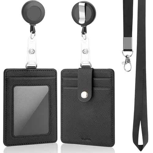 PU Leather Badge Holder with Lanyard, Black Lanyard with Retractable Reel Clips, Multiple Card Slots with Leather Snap, ID Badge Holder for Office Staff Doctor Teacher