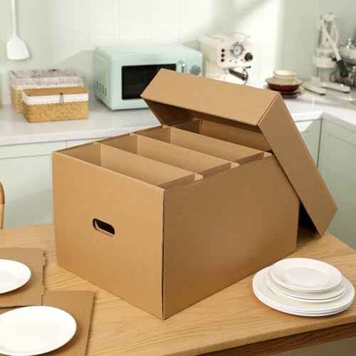 2 Pack Large Dish Packing Boxes for Moving with Divider 20 x 15 x 12 Inch Kitchen Moving Boxes with Reinforced Handle Lid Packing Supplies for Dishes and Glassware