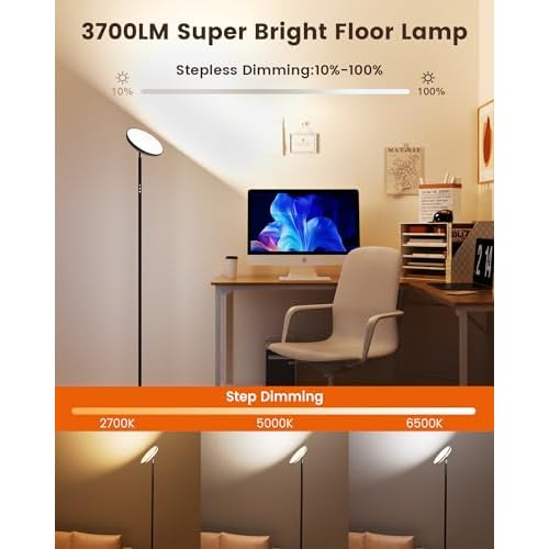 UFO Floor Lamp 71in, Upgraded 42W 3700LM LED Torchiere Floor Lamps for Living Room, Modern Tall Bright Standing Light with Remote, Dimmable Sky Light,1/2/3H Timer for Bedroom,Office(Black)