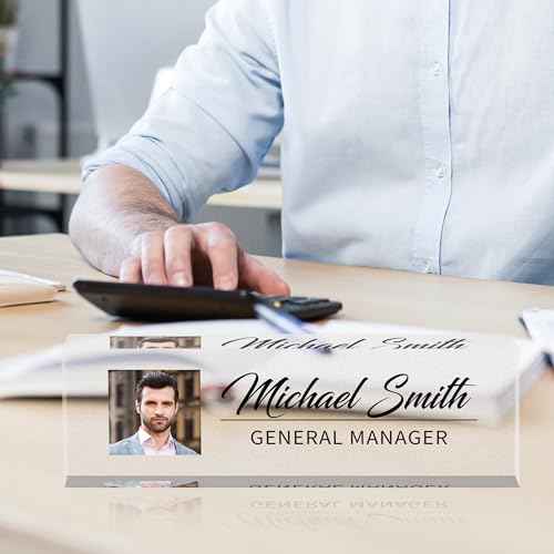 Name Plate for Desk, Custom Logo Desk Name Plate Personalized, Custom Acrylic Name Plate for Office Desk Decor, Employee Appreciation Gifts The Office Gifts for Men and Women with Image and Text