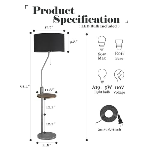 ELYONA C Shaped End Table Floor Lamp with USB A+C Charging Ports Wood Side Table Modern Reading Light Black Linen Shade Farmhouse Tall Standing Lamp for Living Room Bedroom Office LED Bulb Included