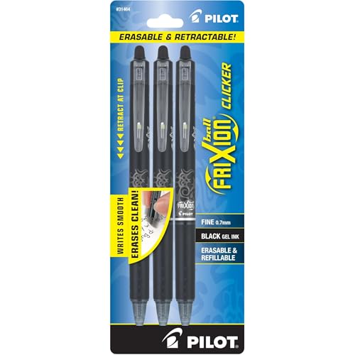 Pilot FriXion Clicker Erasable Gel Pens - Fine Point 0.7mm Black Ink, 3-Pack