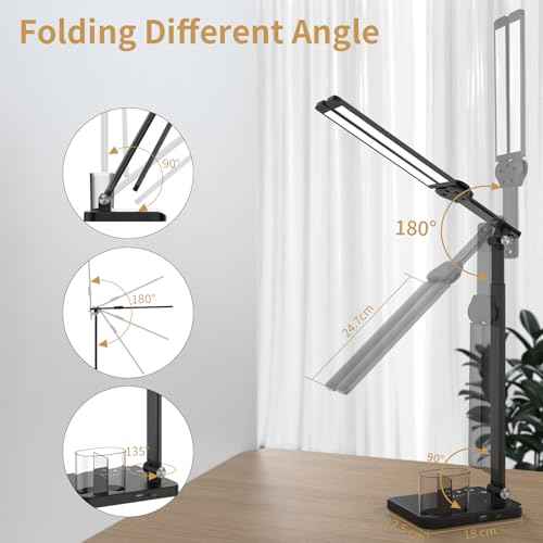 LED Desk Lamp with Dual Heads, Height Adjustable, USB Charging Port, 5 Light Modes & Dimmable Brightness, Bedside Lamp for Reading, Crafting, Work, Study (Black, 15W)