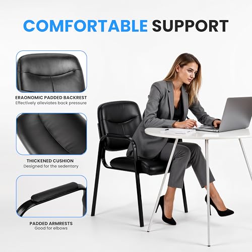Inky Leather Chair 2 Pack – Simple Deluxe Padded Arm Guest Chairs for Reception, Waiting Room