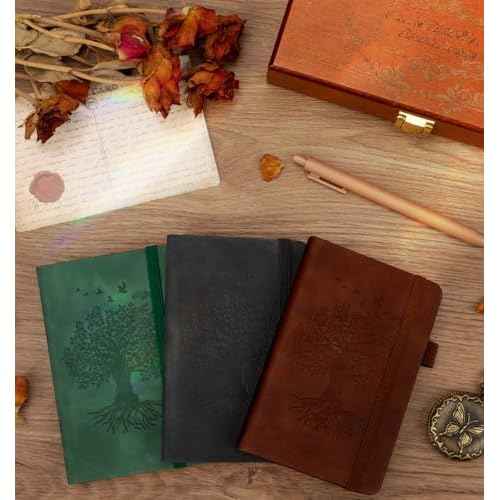 3 Pack Pocket Journaling Notebooks, A6 Small Notebook Total 360 Pages Journaling Notebooks For Note Taking Journals For Writing Mini Note Pads With Pen Holder 100 GSM Thick Paper(Black,Green,Brown)