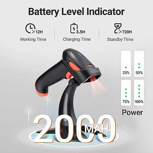 Tera Barcode Scanner Wireless 1D 2D QR with Stand: Battery Level Indicator 3 in 1 Works with Bluetooth 2.4G Wireless USB Wired Handheld Bar Code Reader with Vibration Alert HW0002 Orange