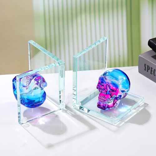 Book Ends for Shelves, Glass Bookends with Blue and Purple Crystal Skull, Day of The Dead Decor, Non Skid Sturdy Crystal Decorative Bookends for Heavy Books, Office, Set of 2