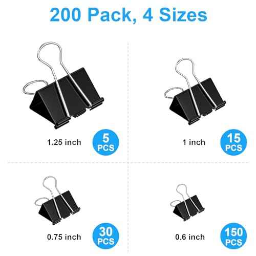 200 Count Binder Clips Assorted Sizes, 4 Sizes Large, Medium, Small, Mini, Metal Paper Clamps, Bulk Black Clips Office Supplies (1 1/4", 1", 3/4", 1/2 Inch) KKEETUR