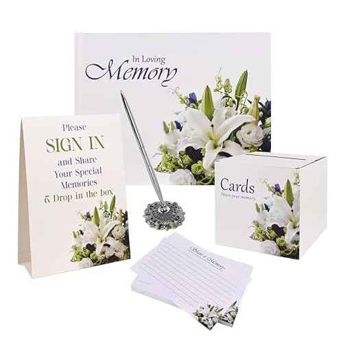 Guest Book Set, Funeral Guest Book, Includes: Guestbook with 100 Pages, 60 Memory Cards, Ball Pen+Pen Stand, Table Sign, Card Box, Celebration of Life Guest Book, Memorial Guest Book