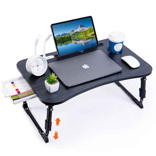 Laptop Desk for Bed, Height Adjustable Laptop Bed Table, Foldable Portable Lap Desk Stand with USB/Storage Drawer/Cup Holder/Slot, Breakfast Tray for Working Reading Writing Eating