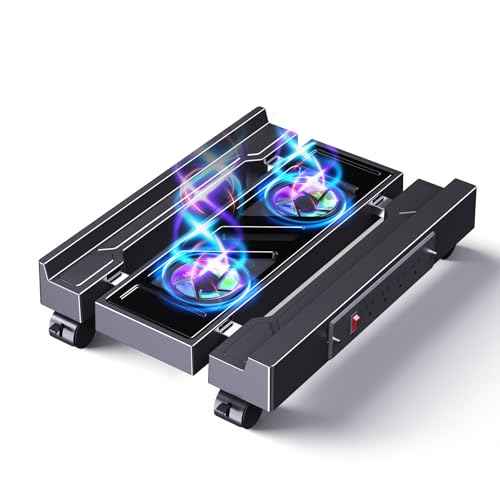 Computer Tower Stand with Charging Station, Cooler Fan and Light, Adjustable PC Stand for Floor, Mobile CPU Stand with 4 Caster Wheels, Under Desk CPU Holder Fits Most PC Tower