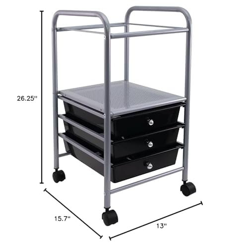 Rolling File Cabinet Cart Organizer With Three Drawers, Black and Silver