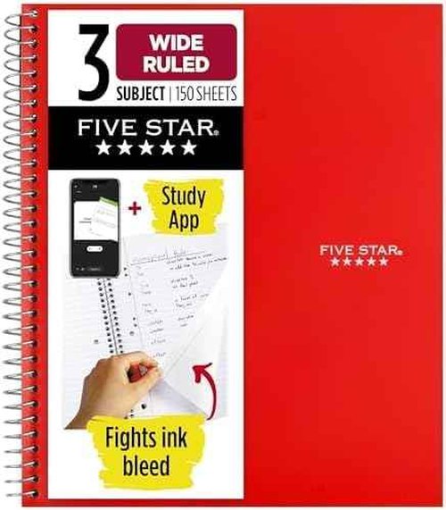 Five Star Spiral Notebook + Study App, 3 Subject, Wide Ruled Paper, 10-1/2" x 8", 150 Sheets, Red (72029) (Pack of 6)