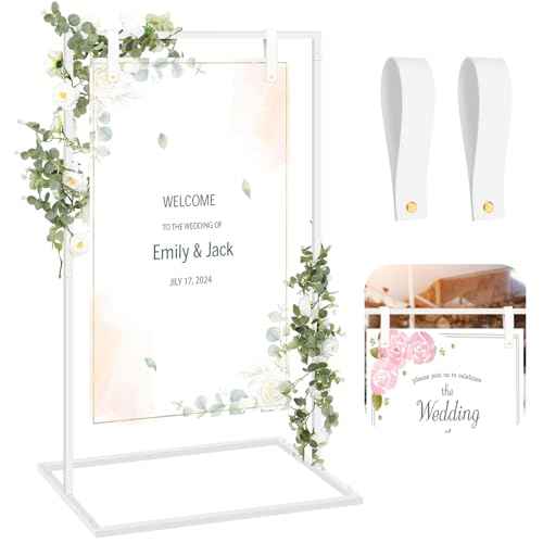 Wedding Welcome Sign Stand 50¡±x30¡±x20¡± Welcome to Our Wedding Sign Holder with 2 Leather Straps Easel Stand for Signs Metal Display Poster Holder for Ceremony Party(White)