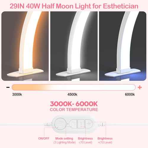 Foldable Large Half Moon LED Light,29" Arch Light with Rhinestone-Encrusted for Table Nail Desk with Phone Stand, Upgrade Arch Light for Nail Techs (White, Large)
