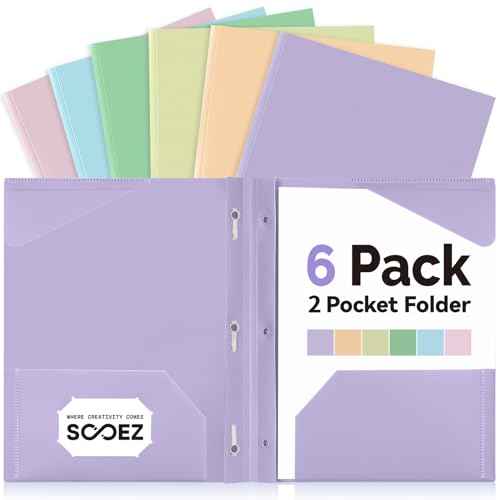 Sooez Folders with Pockets and Prong, 6 Pack, Pastels Colors, File Folders with Prongs, 2 Pocket Folders Bulk, Plastic Folder, School Folder College Supplies, Aesthetic Nursing Cute School Supplies